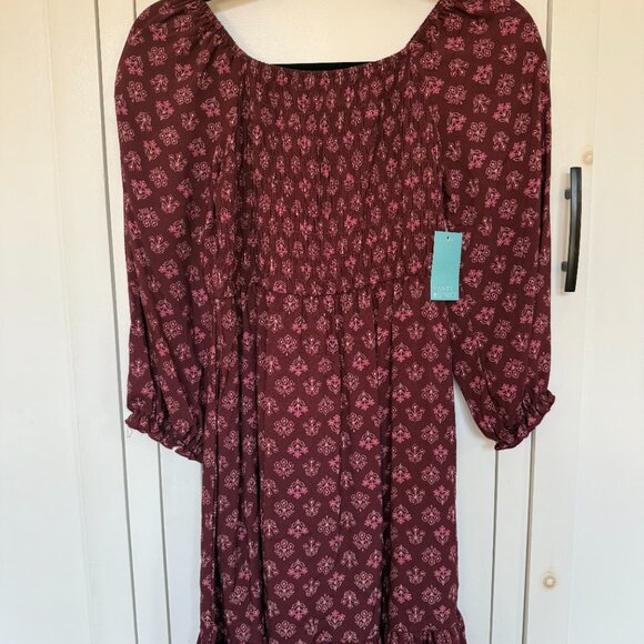 NWT Market & Spruce Caren Smocked Dress Burgundy Sz 12 Floral - Picture 2 of 10